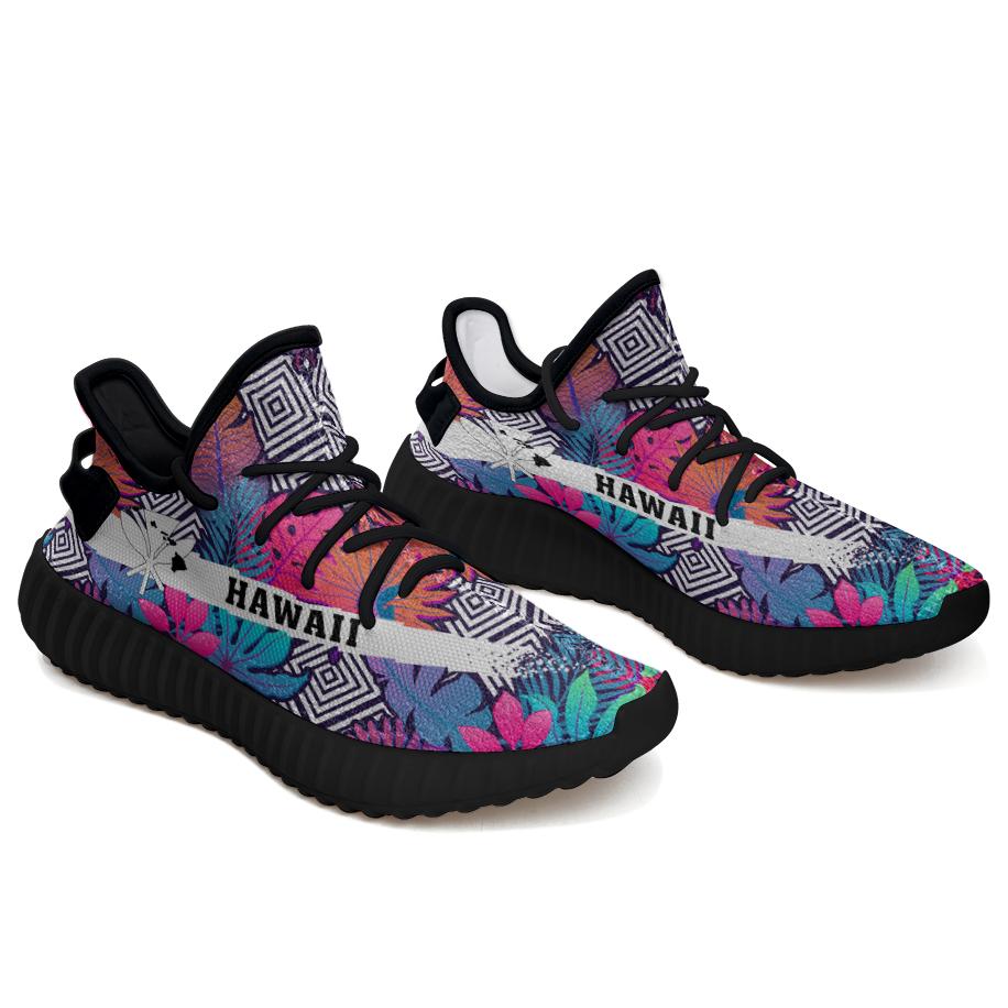 Hawaiian Sneakers YZ Tropical Exotic Leaves And Flowers On Geometrical Ornament Black - Polynesian Pride