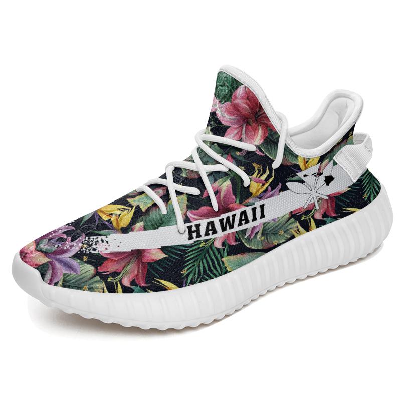 Hawaiian Sneakers YZ Tropical Flowers Palm And Leaves White - Polynesian Pride
