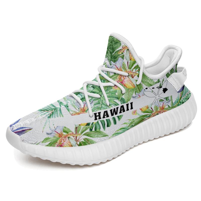 Hawaiian Sneakers YZ Tropical Orange Orchids Strelitzia Monstera White - Polynesian Pride