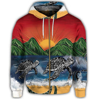 Hawaiian Sunset Ocean Turtle Zip Hoodie - Polynesian Pride