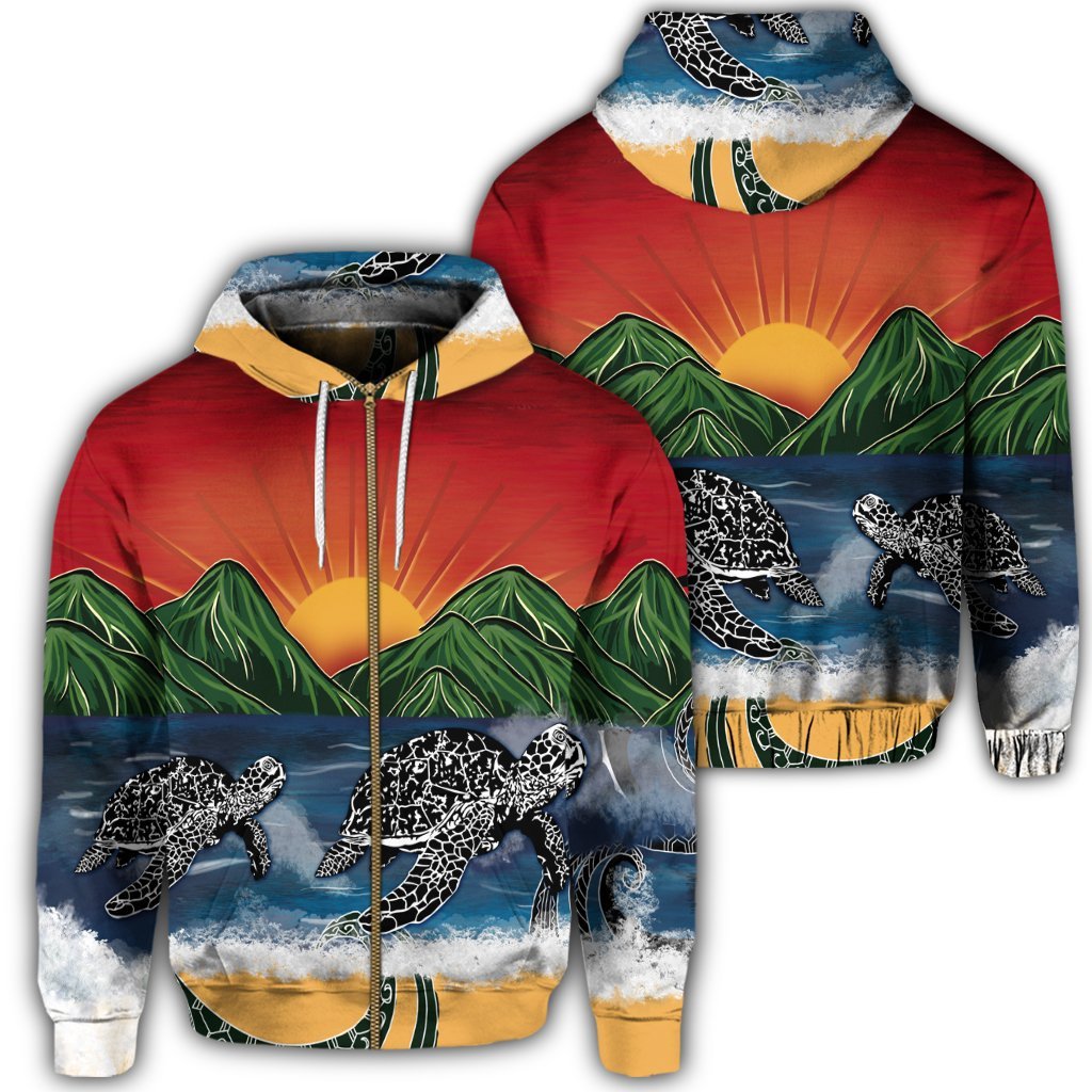 Hawaiian Sunset Ocean Turtle Zip Hoodie Unisex Art - Polynesian Pride