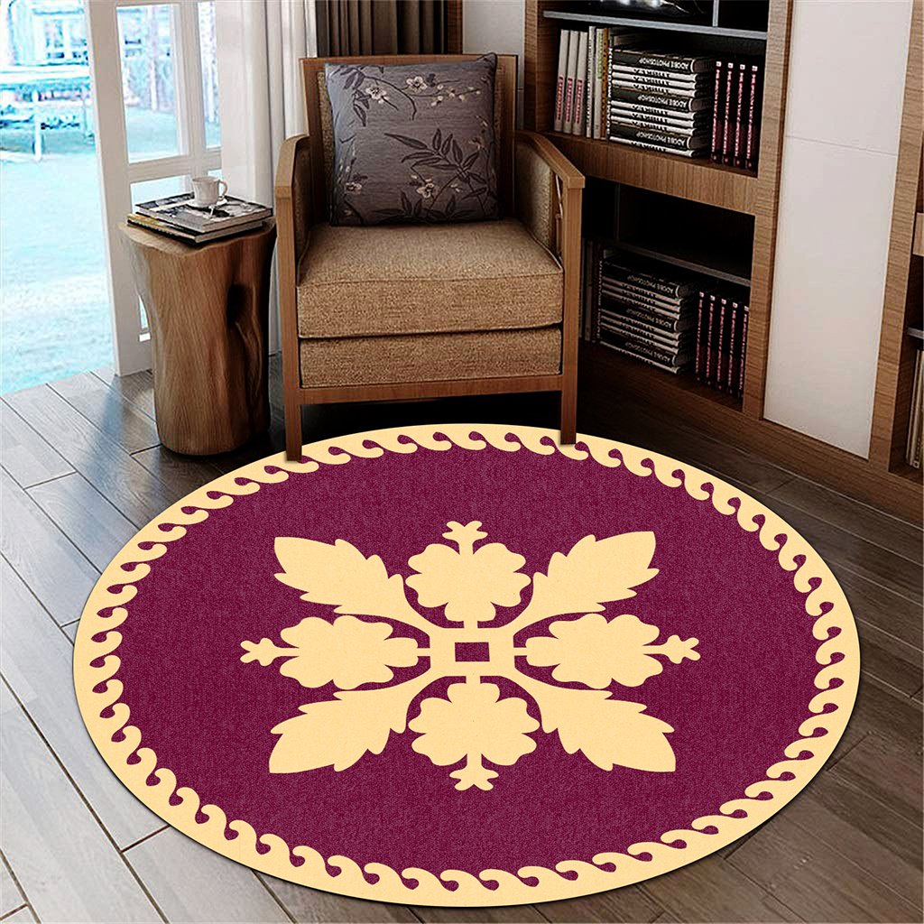 Hawaiian Traditional Hibiscus Flowers Round Rug - Burgundy Beige - AH Round Carpet Burgundy - Polynesian Pride