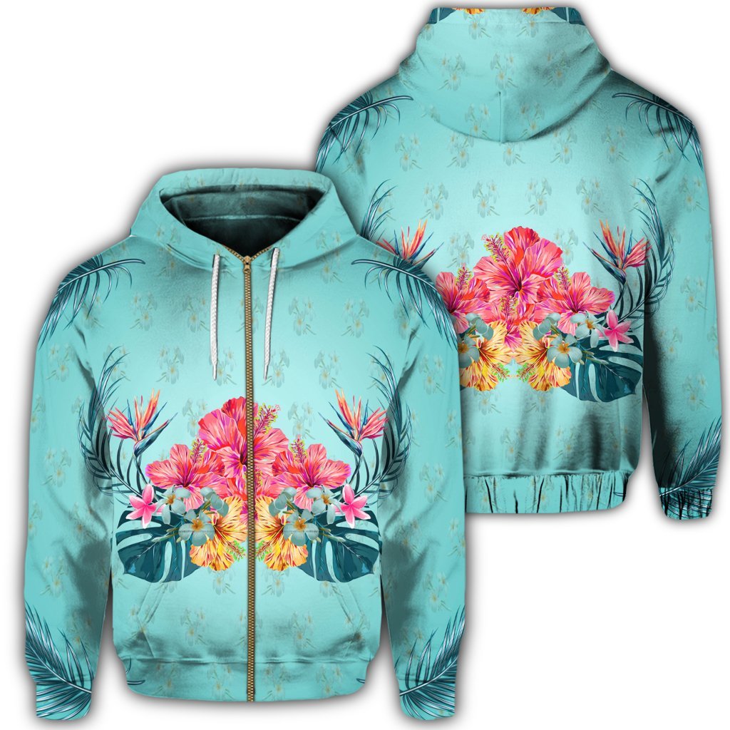 Hawaiian Tropical Strelitzia Hibiscus Plumeria Centre Zip Hoodie Unisex Art - Polynesian Pride