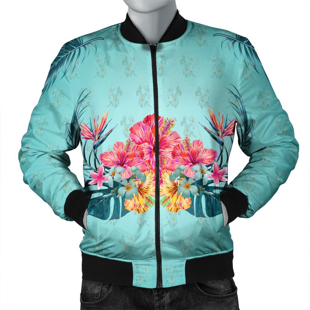 Hawaiian Tropical Strelitzia Hibiscus Plumeria Centre Bomber Jacket - AH Black Unisex - Polynesian Pride