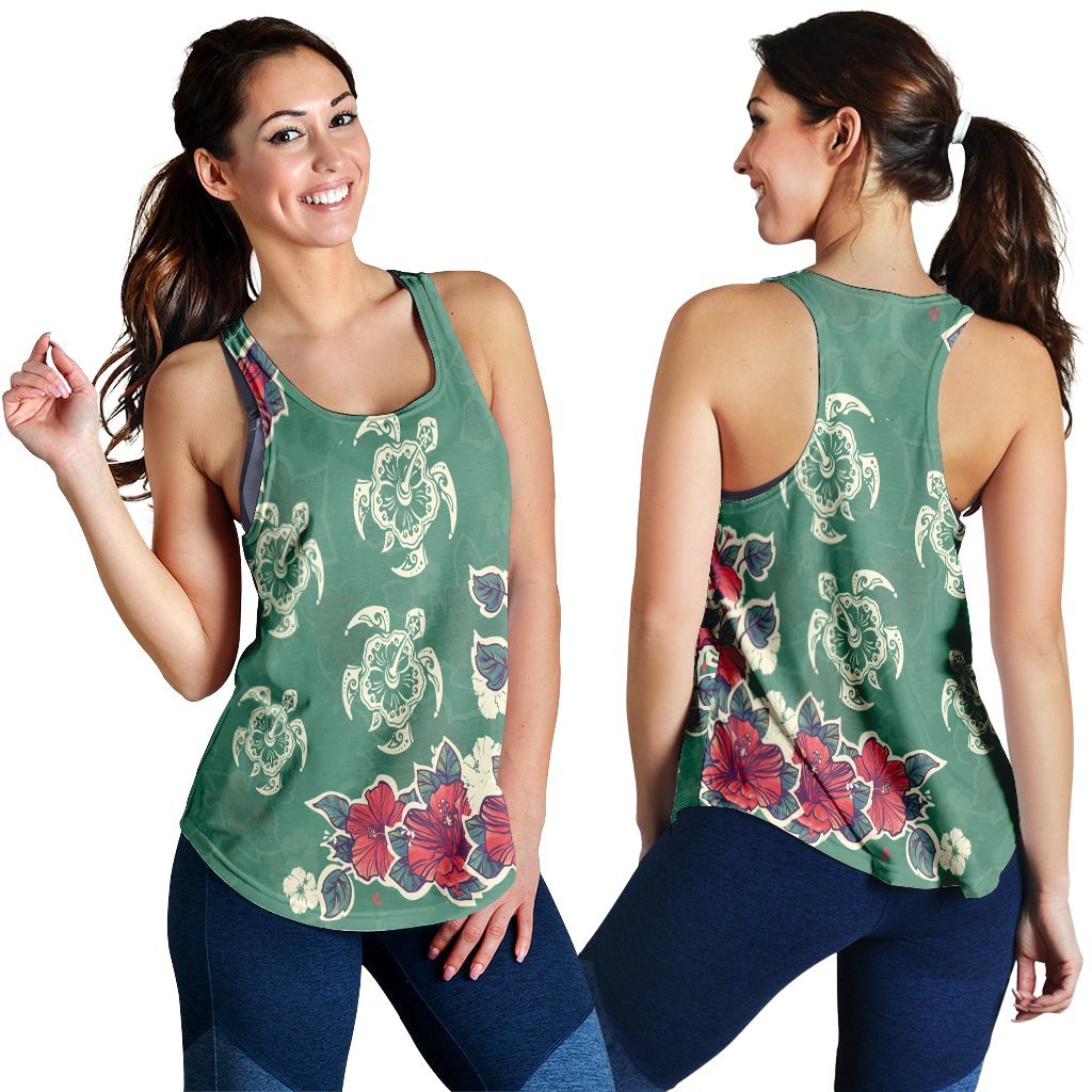 Hawaiian Turtle And Colorful Hibiscus Polynesian Racerback Tank - AH Black - Polynesian Pride