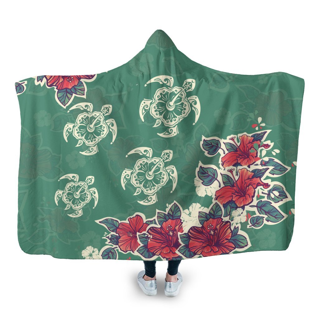 Hawaiian Turtle And Colorful Hibiscus Polynesian Hooded Blanket - AH Hooded Blanket White - Polynesian Pride