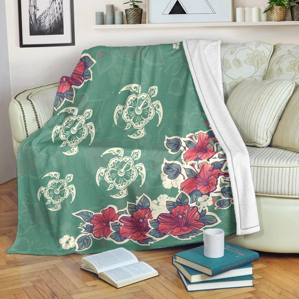 Hawaiian Turtle And Colorful Hibiscus Polynesian Premium Blankets - AH White - Polynesian Pride