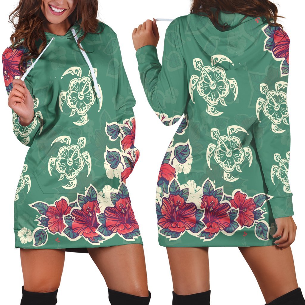 Hawaiian Turtle And Colorful Hibiscus Polynesian Hoodie Dress - AH Black - Polynesian Pride