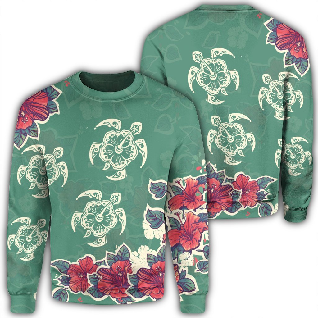 Hawaiian Turtle And Colorful Hibiscus Polynesian Sweatshirt - AH Unisex Black - Polynesian Pride
