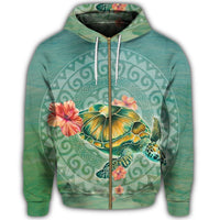 Hawaiian Turtle and Hibiscus Polynesian Zip Hoodie - Polynesian Pride