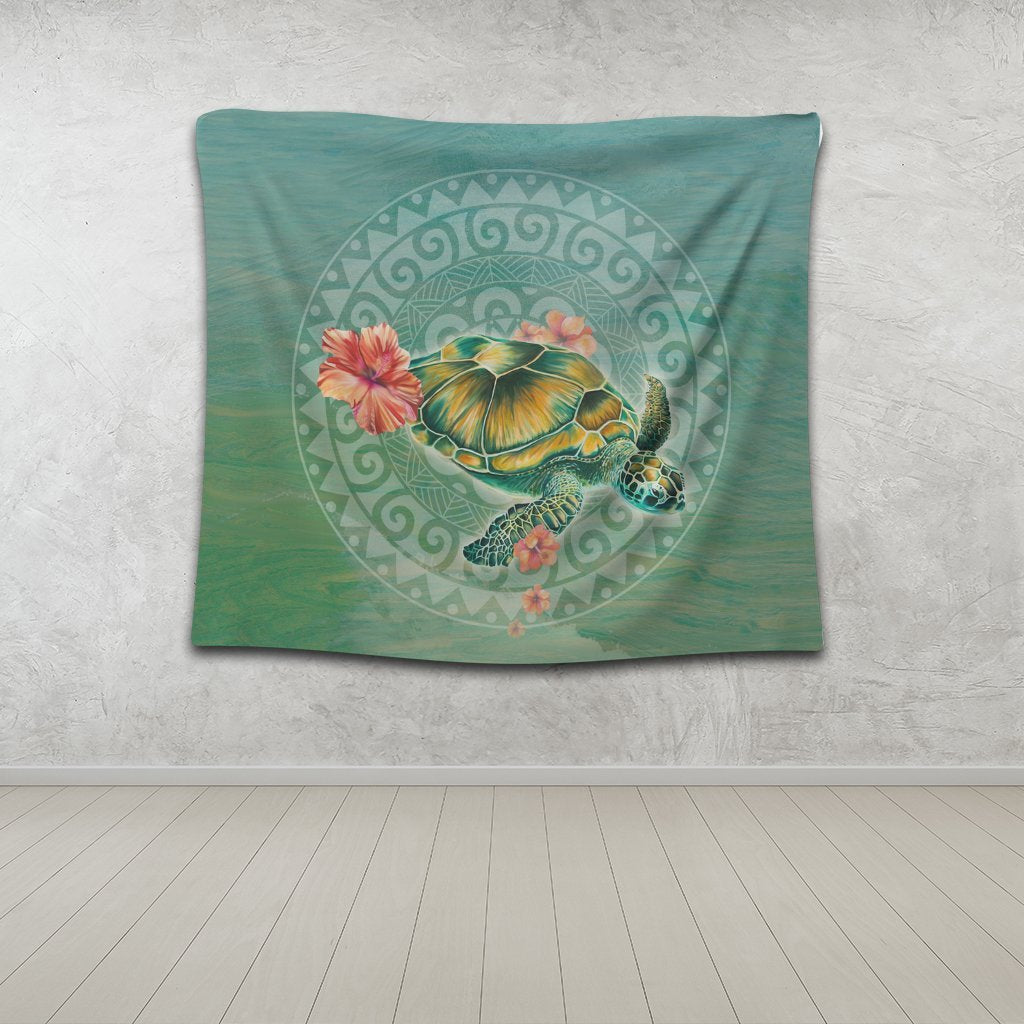 Hawaiian Turtle And Hibiscus Polynesian Tapestry - AH - Polynesian Pride
