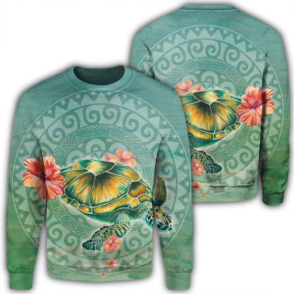 Hawaiian Turtle And Hibiscus Polynesian Sweatshirt - AH Unisex Black - Polynesian Pride