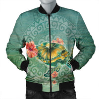 Hawaiian Turtle And Hibiscus Polynesian Bomber Jacket - AH Black Unisex - Polynesian Pride