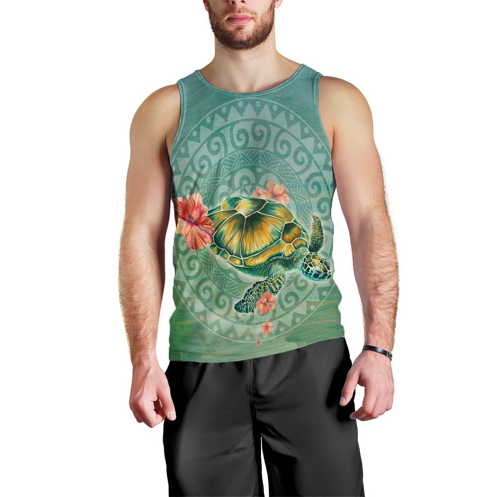 Hawaiian Turtle And Hibiscus Polynesian Tank Top - AH Black - Polynesian Pride