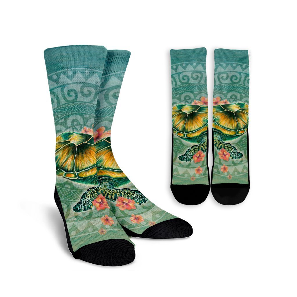 Hawaiian Turtle And Hibiscus Polynesian Crew Socks - AH Crew Socks White - Polynesian Pride