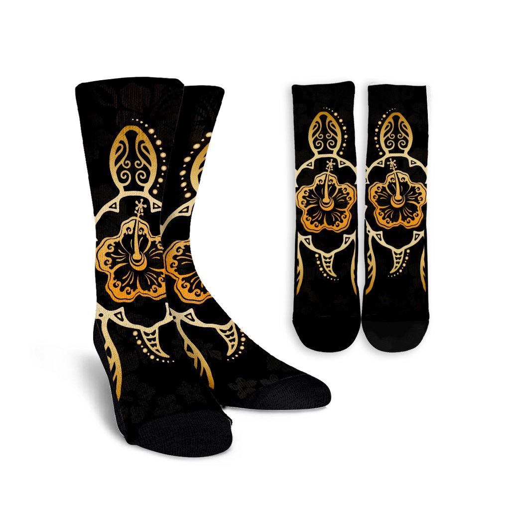 Hawaiian Turtle And Hibiscus Polynesian Crew Socks Gold - AH Crew Socks White - Polynesian Pride