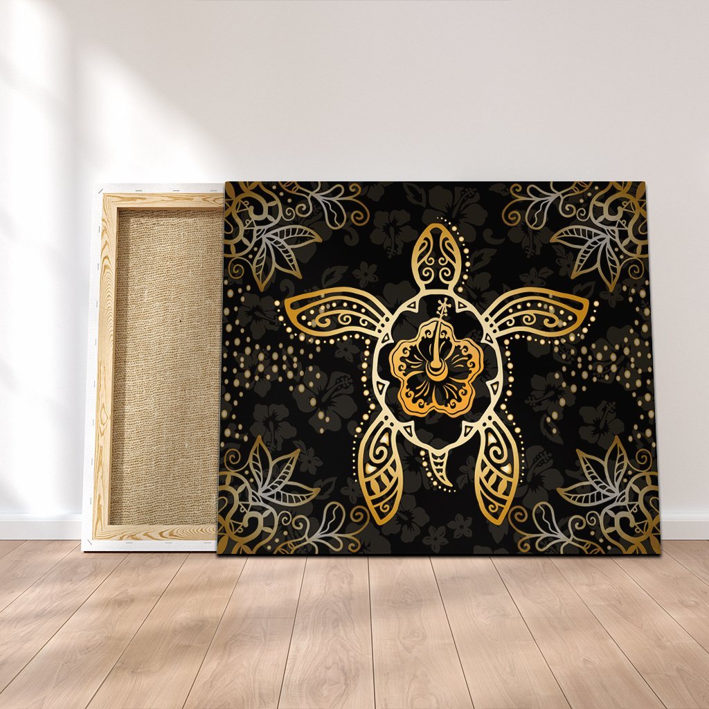 Hawaiian Turtle And Hibiscus Polynesian Canvas Gold - AH Canvas Poly-cotton - Polynesian Pride