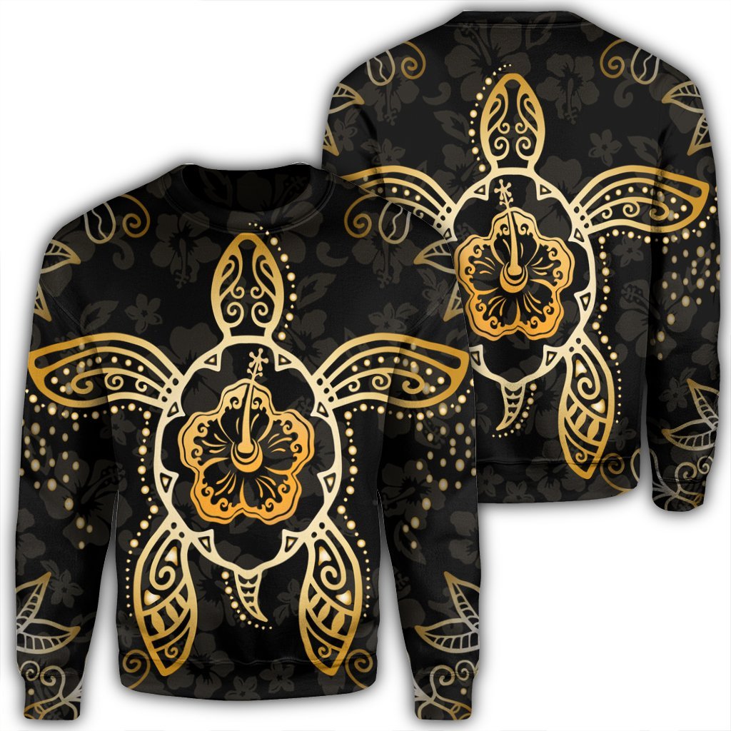 Hawaiian Turtle And Hibiscus Polynesian Sweatshirt Gold - AH Unisex Black - Polynesian Pride
