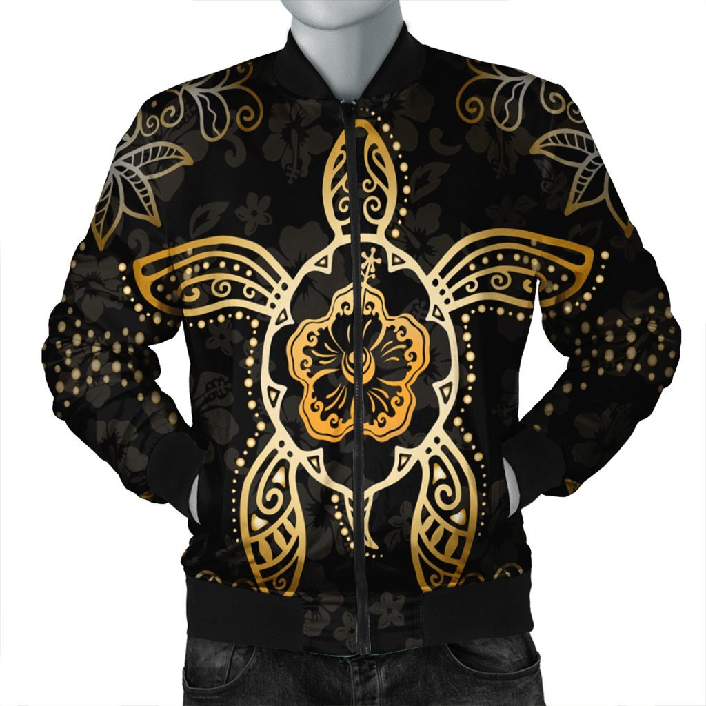 Hawaiian Turtle And Hibiscus Polynesian Bomber Jacket Gold - AH Black Unisex - Polynesian Pride