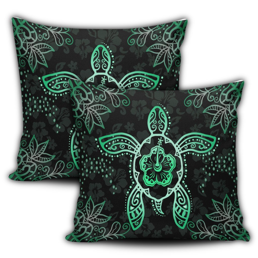 Hawaiian Turtle And Hibiscus Polynesian Pillow Covers Green - AH - Polynesian Pride
