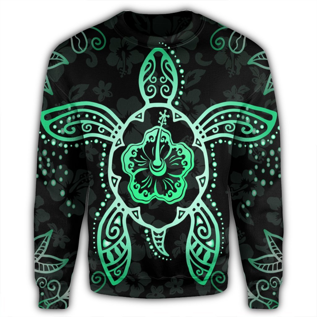 Hawaiian Turtle And Hibiscus Polynesian Sweatshirt Green - AH - Polynesian Pride