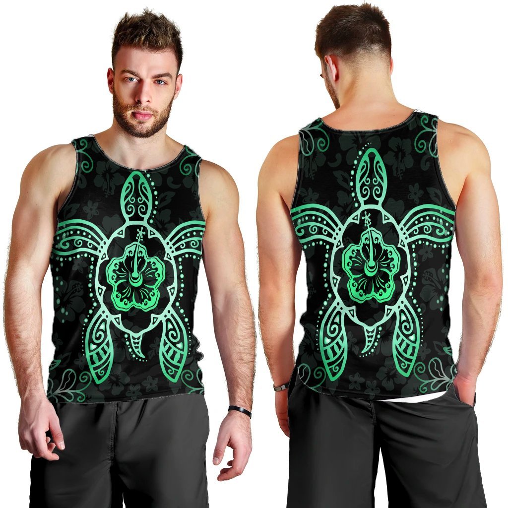 Hawaiian Turtle And Hibiscus Polynesian Tank Top Green - AH - Polynesian Pride
