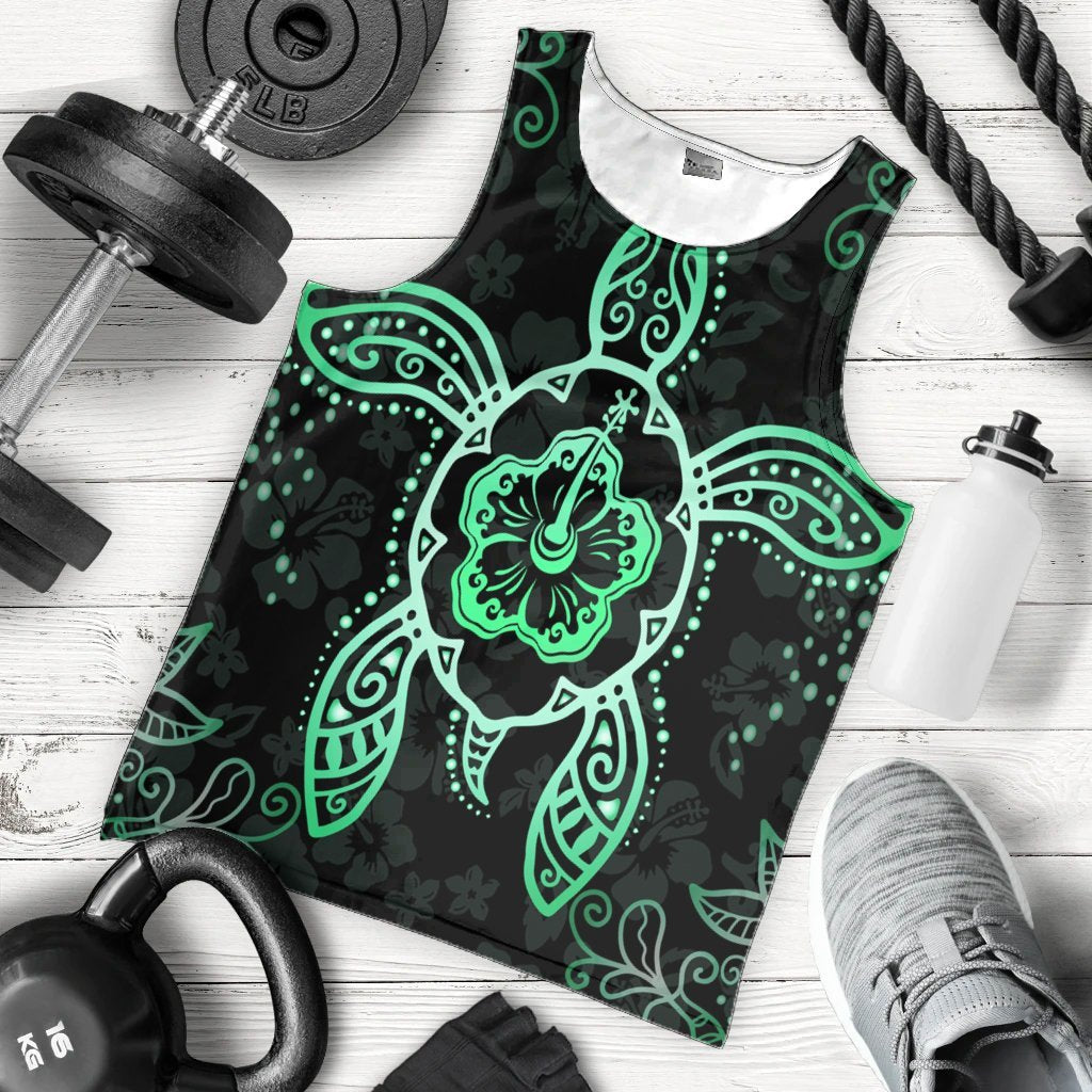 Hawaiian Turtle And Hibiscus Polynesian Tank Top Green - AH - Polynesian Pride