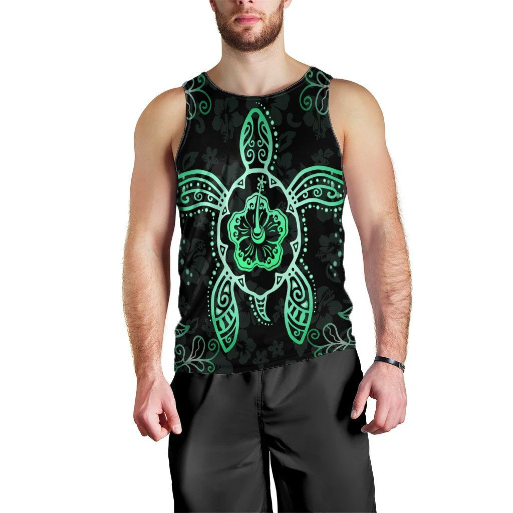 Hawaiian Turtle And Hibiscus Polynesian Tank Top Green - AH Black - Polynesian Pride