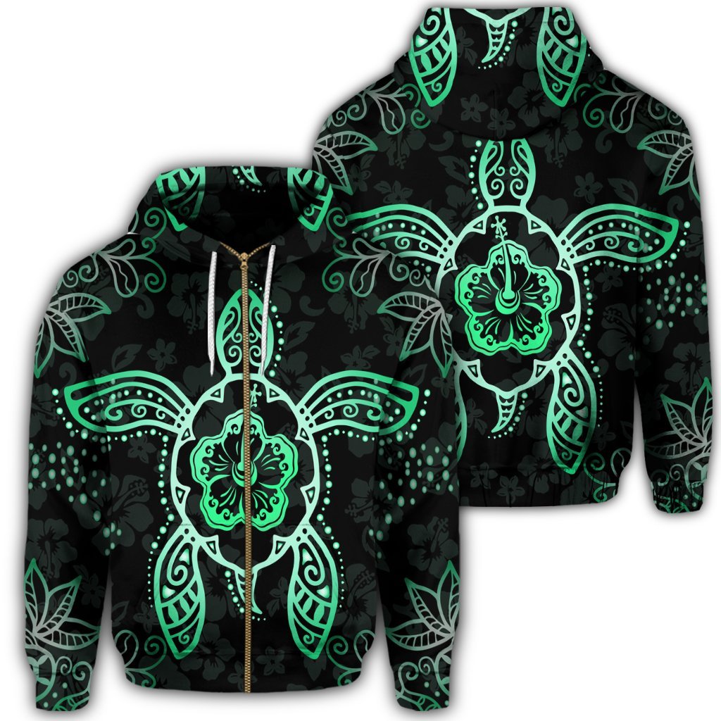 Hawaiian Turtle and Hibiscus Polynesian Zip Hoodie Green Unisex Art - Polynesian Pride