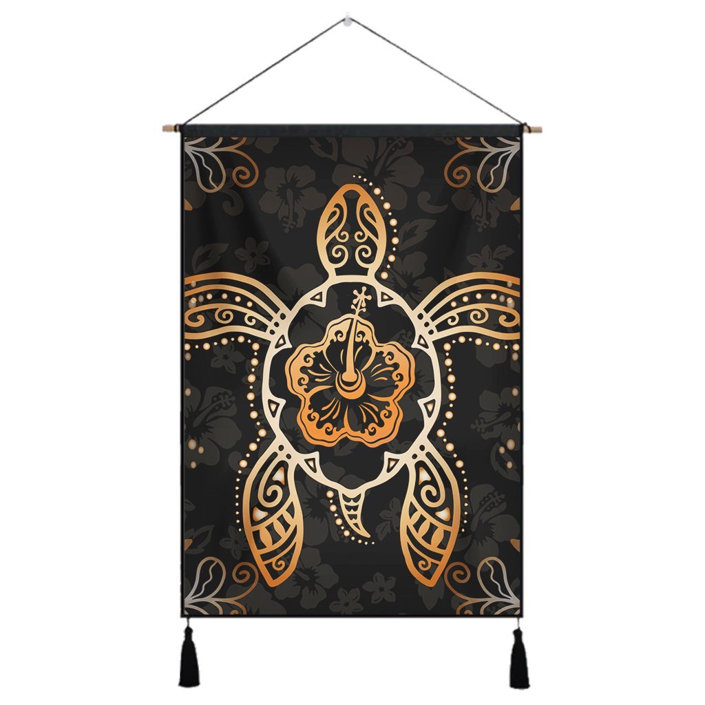 Hawaiian Turtle And Hibiscus Polynesian Hanging Poster Orange - AH Hanging Poster Cotton And Linen - Polynesian Pride