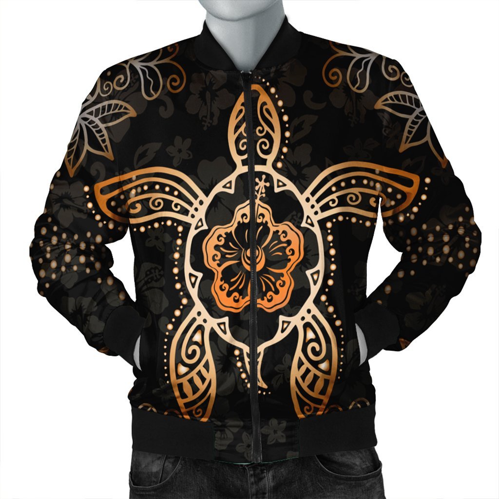 Hawaiian Turtle And Hibiscus Polynesian Bomber Jacket Orange - AH Black Unisex - Polynesian Pride
