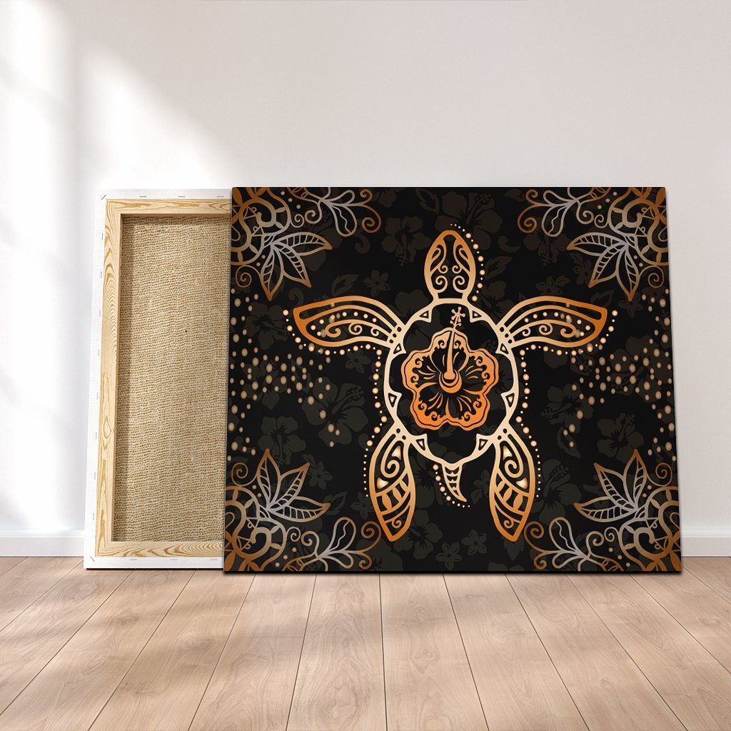 Hawaiian Turtle And Hibiscus Polynesian Canvas Orange - AH Canvas Poly-cotton - Polynesian Pride