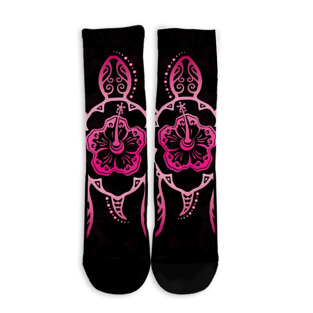 Hawaiian Turtle And Hibiscus Polynesian Crew Socks Pink - AH - Polynesian Pride