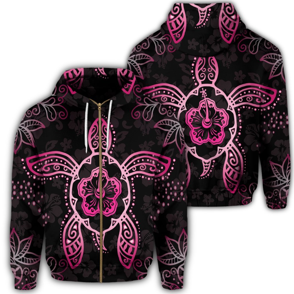 Hawaiian Turtle and Hibiscus Polynesian Zip Hoodie Pink Unisex Art - Polynesian Pride