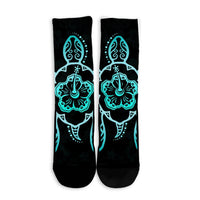 Hawaiian Turtle And Hibiscus Polynesian Crew Socks Turquoise - AH - Polynesian Pride