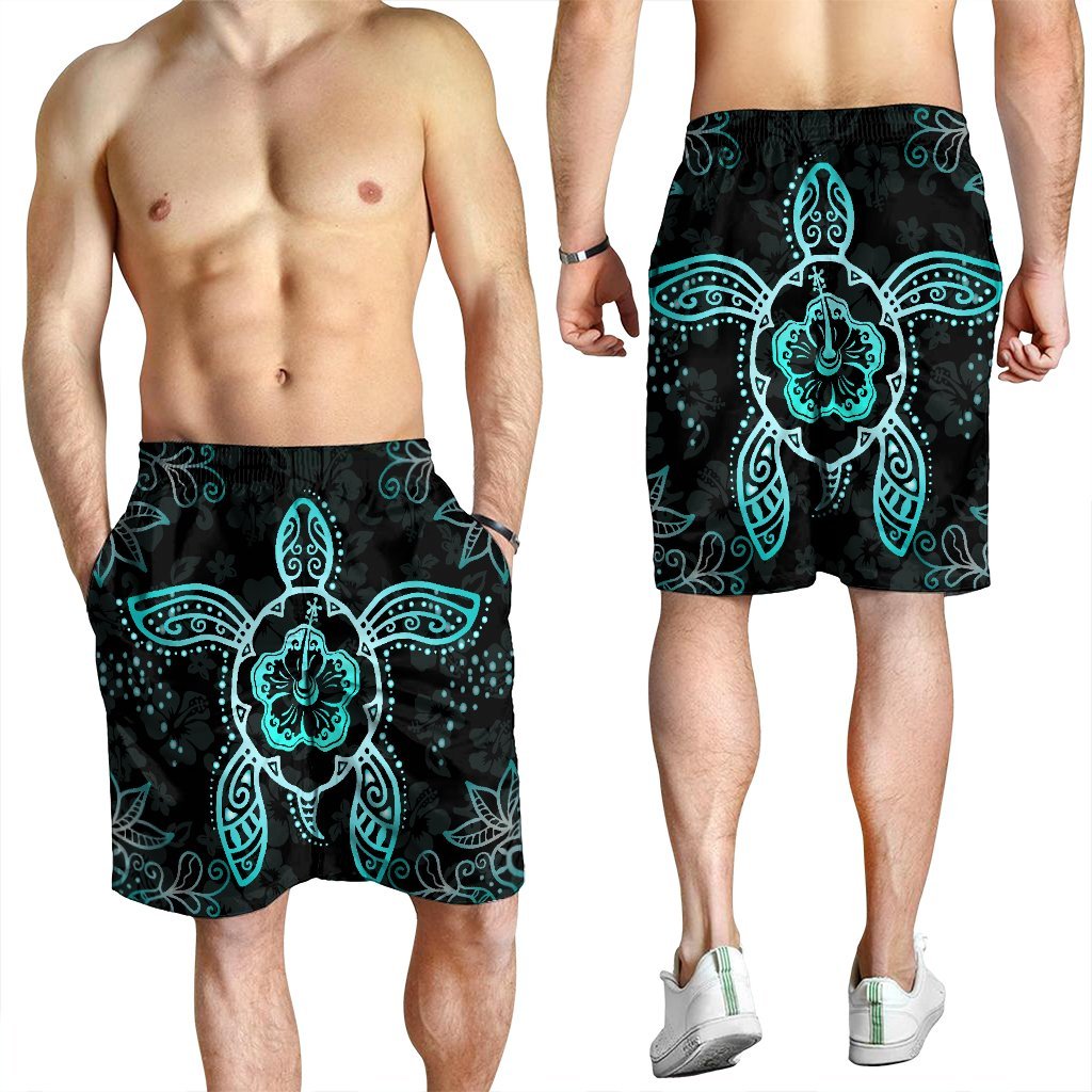 Hawaiian Turtle And Hibiscus Polynesian Men's Shorts Turquoise - AH - Polynesian Pride