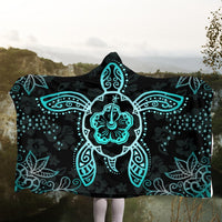 Hawaiian Turtle And Hibiscus Polynesian Hooded Blanket Turquoise - AH - Polynesian Pride