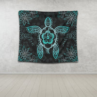 Hawaiian Turtle And Hibiscus Polynesian Tapestry Turquoise - AH - Polynesian Pride
