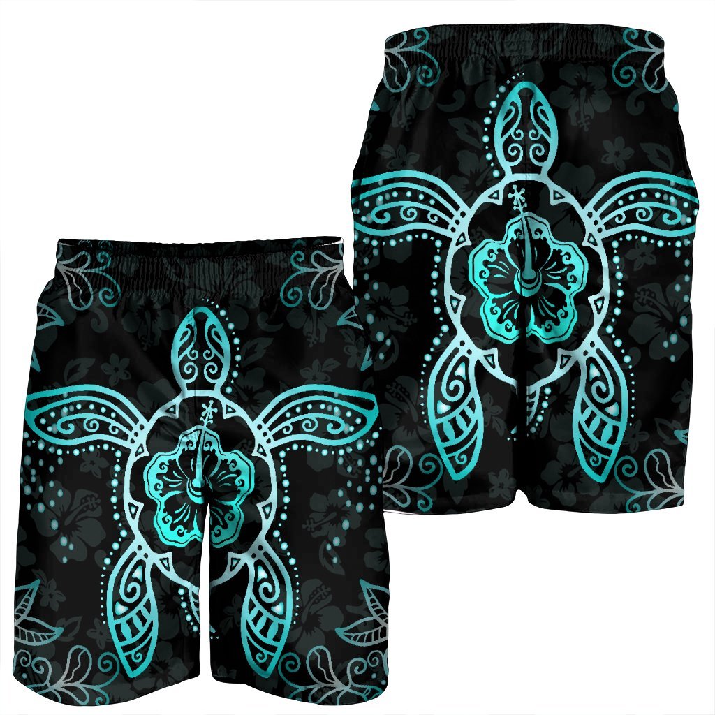 Hawaiian Turtle And Hibiscus Polynesian Men's Shorts Turquoise - AH - Polynesian Pride