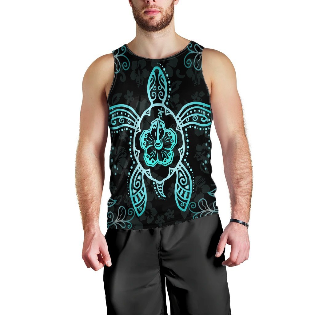 Hawaiian Turtle And Hibiscus Polynesian Tank Top Turquoise - AH Black - Polynesian Pride