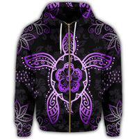 Hawaiian Turtle and Hibiscus Polynesian Zip Hoodie Violet - Polynesian Pride