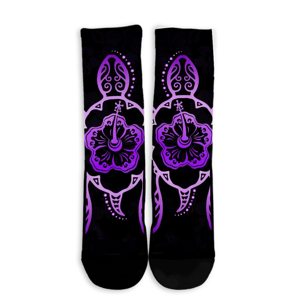 Hawaiian Turtle And Hibiscus Polynesian Crew Socks Violet - AH - Polynesian Pride