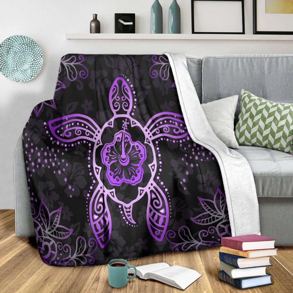 Hawaiian Turtle And Hibiscus Polynesian Premium Blankets Violet - AH - Polynesian Pride
