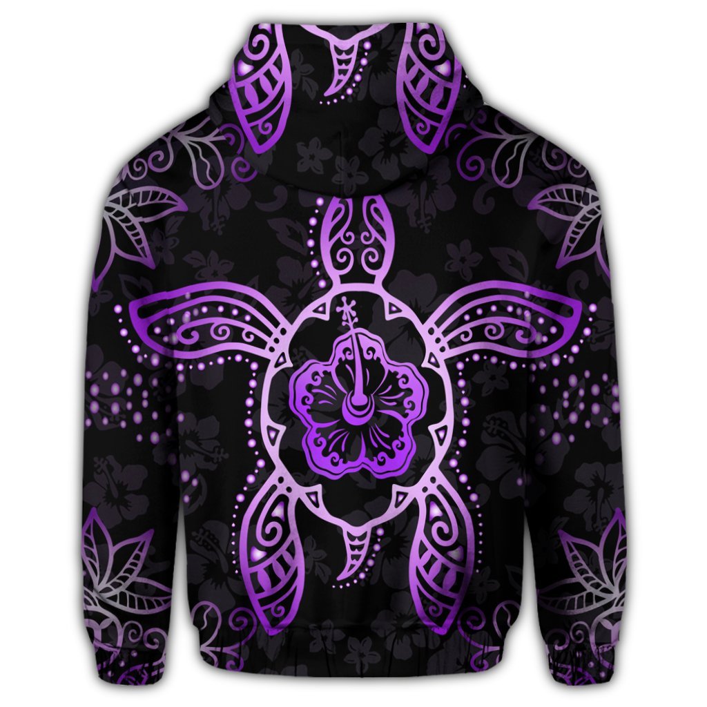 Hawaiian Turtle and Hibiscus Polynesian Zip Hoodie Violet - Polynesian Pride