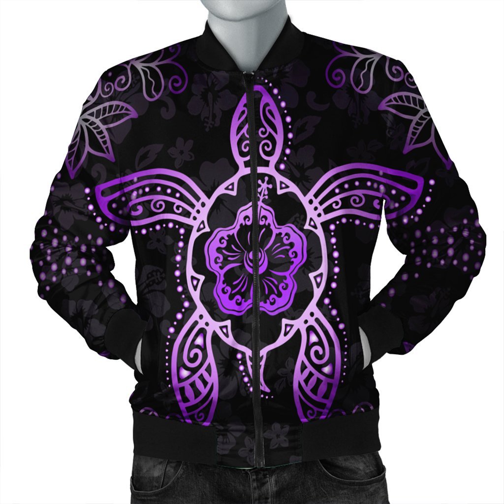 Hawaiian Turtle And Hibiscus Polynesian Bomber Jacket Violet - AH Black Unisex - Polynesian Pride
