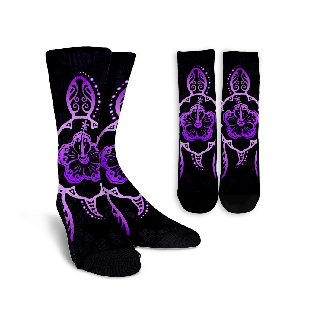 Hawaiian Turtle And Hibiscus Polynesian Crew Socks Violet - AH Crew Socks White - Polynesian Pride