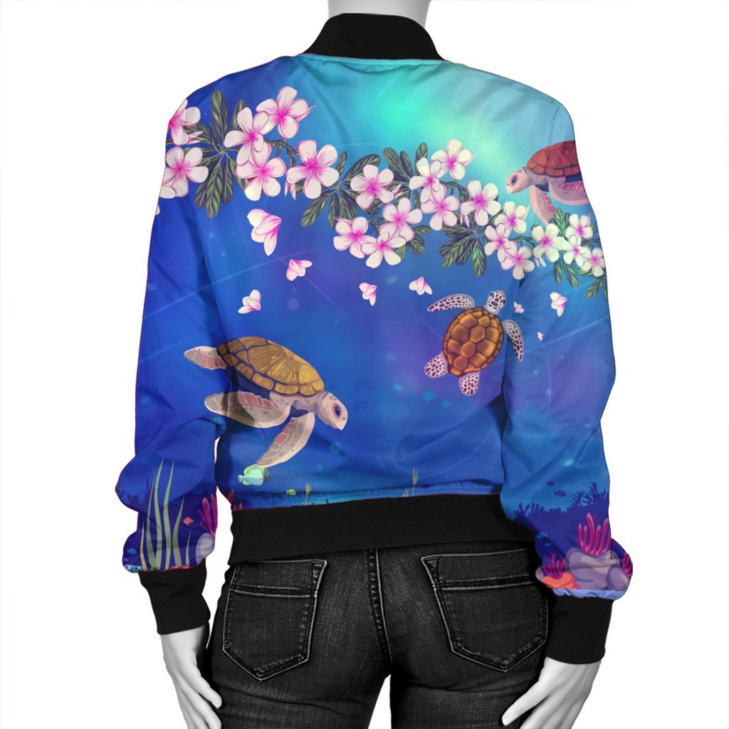 Hawaiian Turtle And Plumeria Pattern Polynesian Bomber Jacket - AH - Polynesian Pride