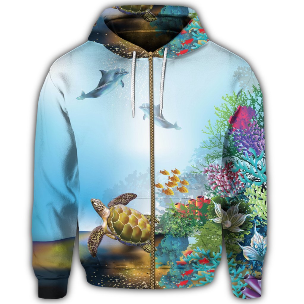 Hawaiian Turtle Dolphin In The Ocean Polynesian Zip Hoodie - Polynesian Pride
