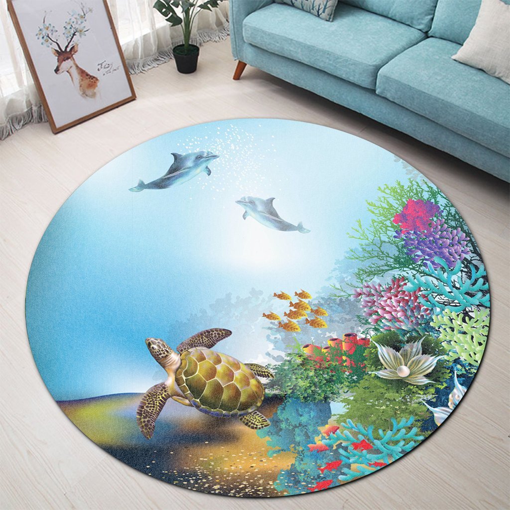 Hawaiian Turtle Dolphin In The Ocean Polynesian Round Carpet - AH - Polynesian Pride