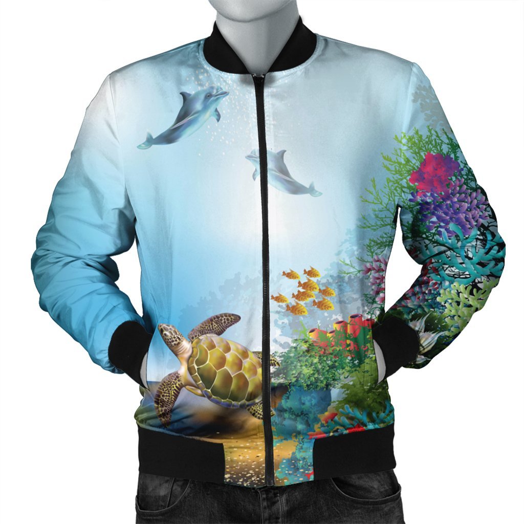 Hawaiian Turtle Dolphin In The Ocean Polynesian Bomber Jacket - AH Black Unisex - Polynesian Pride